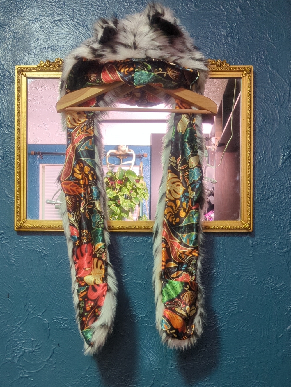 White Tiger Stripe Festival Hood with Monstera Tropical Plant Silk Satin Panel